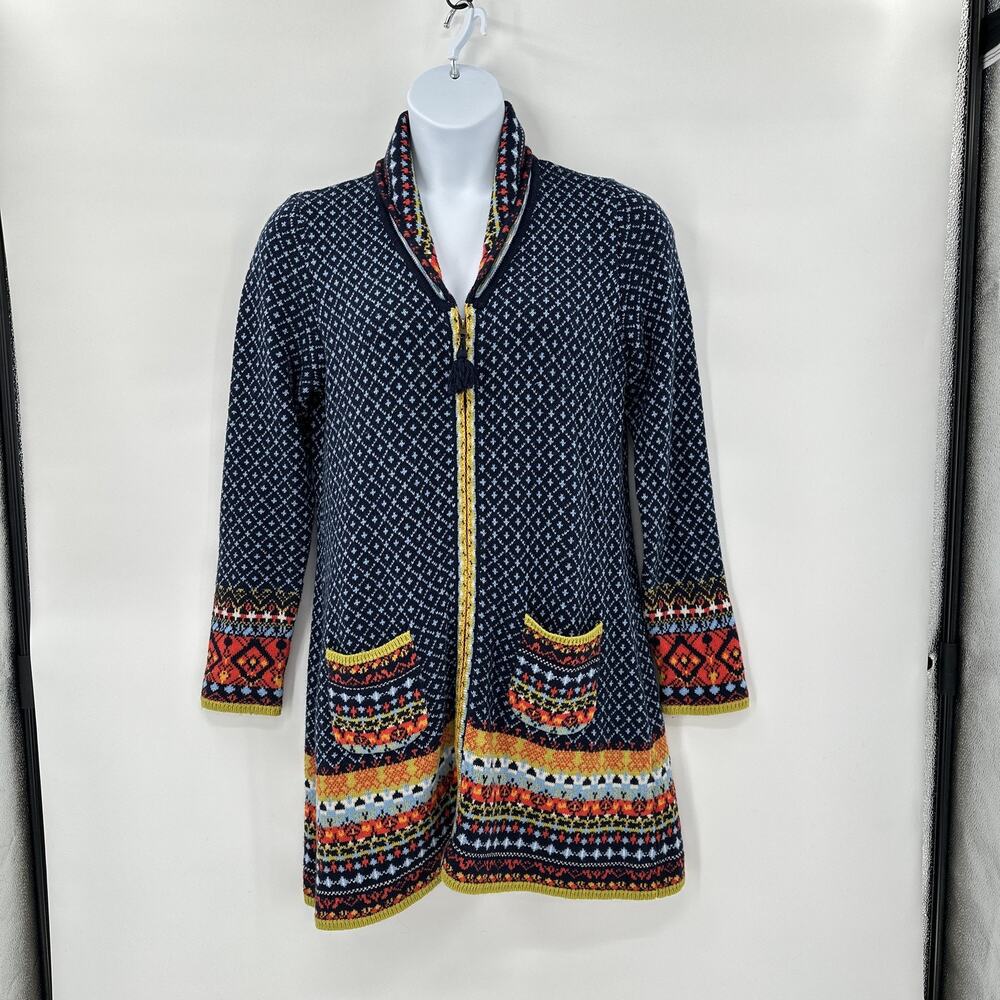 Sahalie Long Open Cardigan Sweater Womens Large Tribal Aztec Knit Boho Festival
